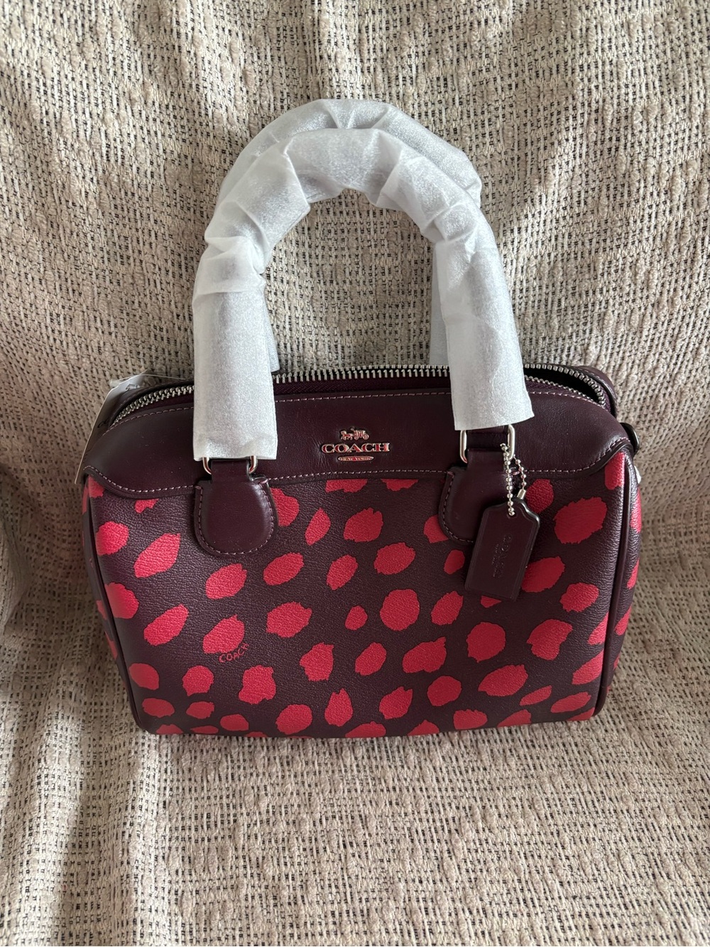 Authentic Coach Burgundy and Red deer spot mini Bennett Satchel